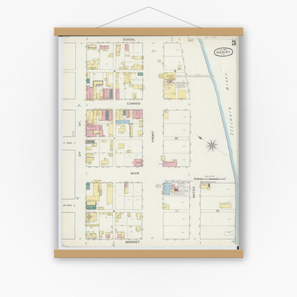 Old map wall art mockup — magnetic wood frame on white wall — Sanborn Fire Insurance Map from Henry, Marshall County, Illinois (1893), Sheet #0003