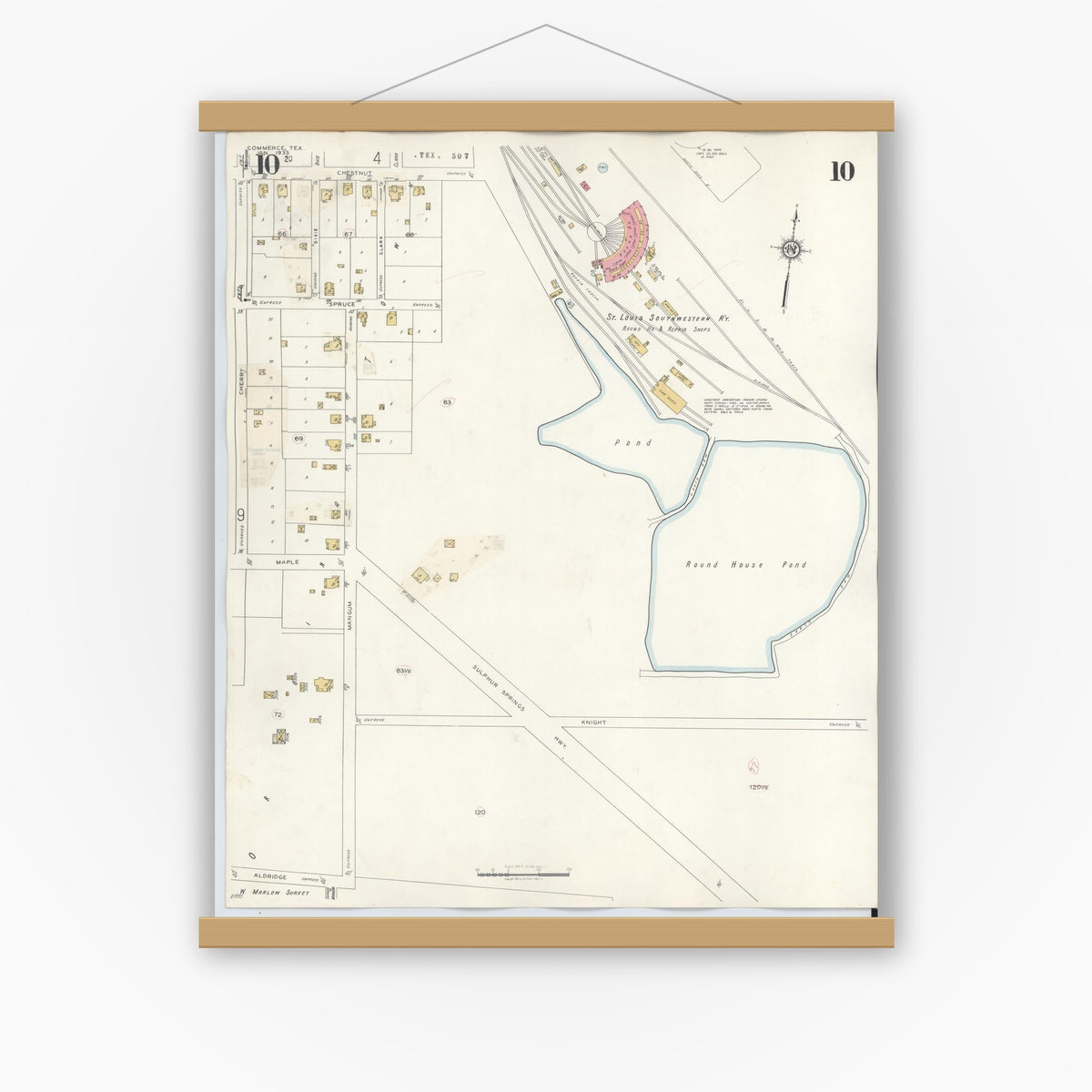 Old map wall art mockup — magnetic wood frame on white wall — Sanborn Fire Insurance Map from Commerce, Hunt County, Texas (1940), Sheet #0010