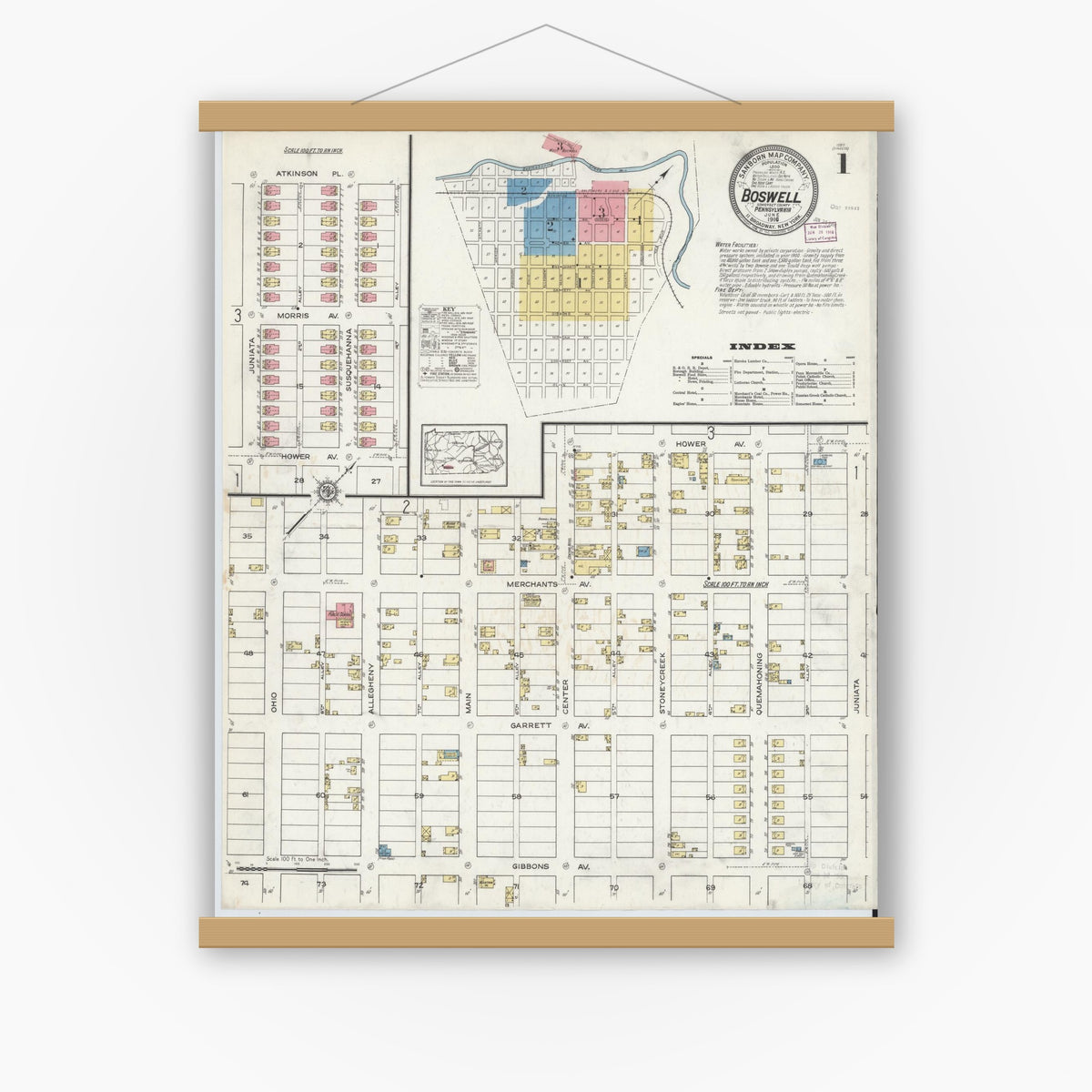 Old map wall art mockup — magnetic wood frame on white wall — Sanborn Fire Insurance Map from Boswell, Somerset County, Pennsylvania (1916) - Complete Map Set