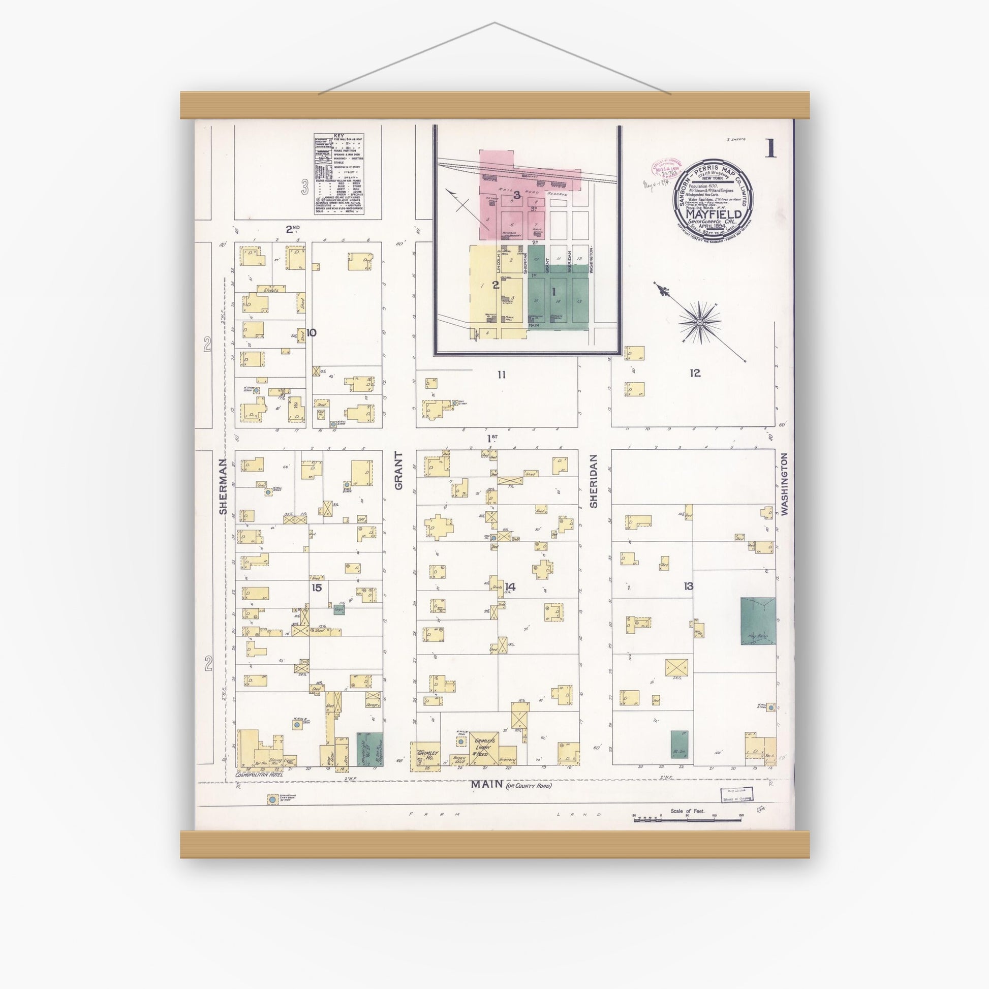 Old map wall art mockup — magnetic wood frame on white wall — Sanborn Fire Insurance Map from Mayfield, Santa Clara County, California (1894), Sheet #0001