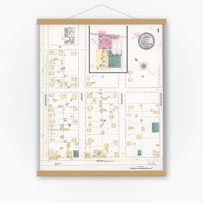 Old map wall art mockup — magnetic wood frame on white wall — Sanborn Fire Insurance Map from Mayfield, Santa Clara County, California (1894), Sheet #0001