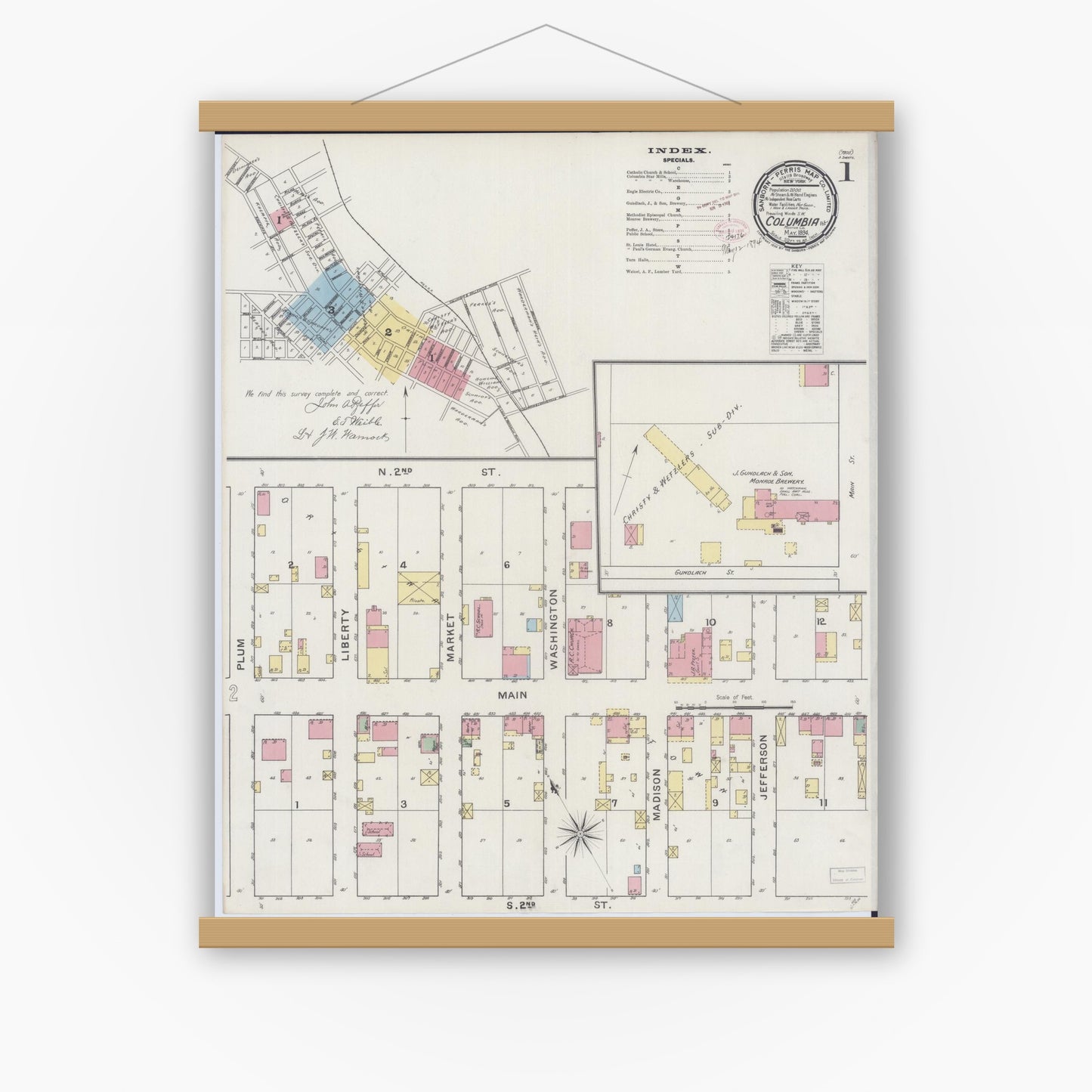 Old map wall art mockup — magnetic wood frame on white wall — Sanborn Fire Insurance Map from Columbia, Monroe County, Illinois (1894), Sheet #0001