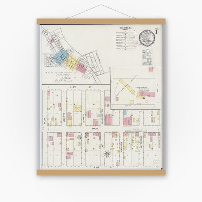 Old map wall art mockup — magnetic wood frame on white wall — Sanborn Fire Insurance Map from Columbia, Monroe County, Illinois (1894), Sheet #0001