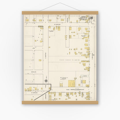 Old map wall art mockup — magnetic wood frame on white wall — Sanborn Fire Insurance Map from Mexia, Limestone County, Texas (1922), Sheet #0010