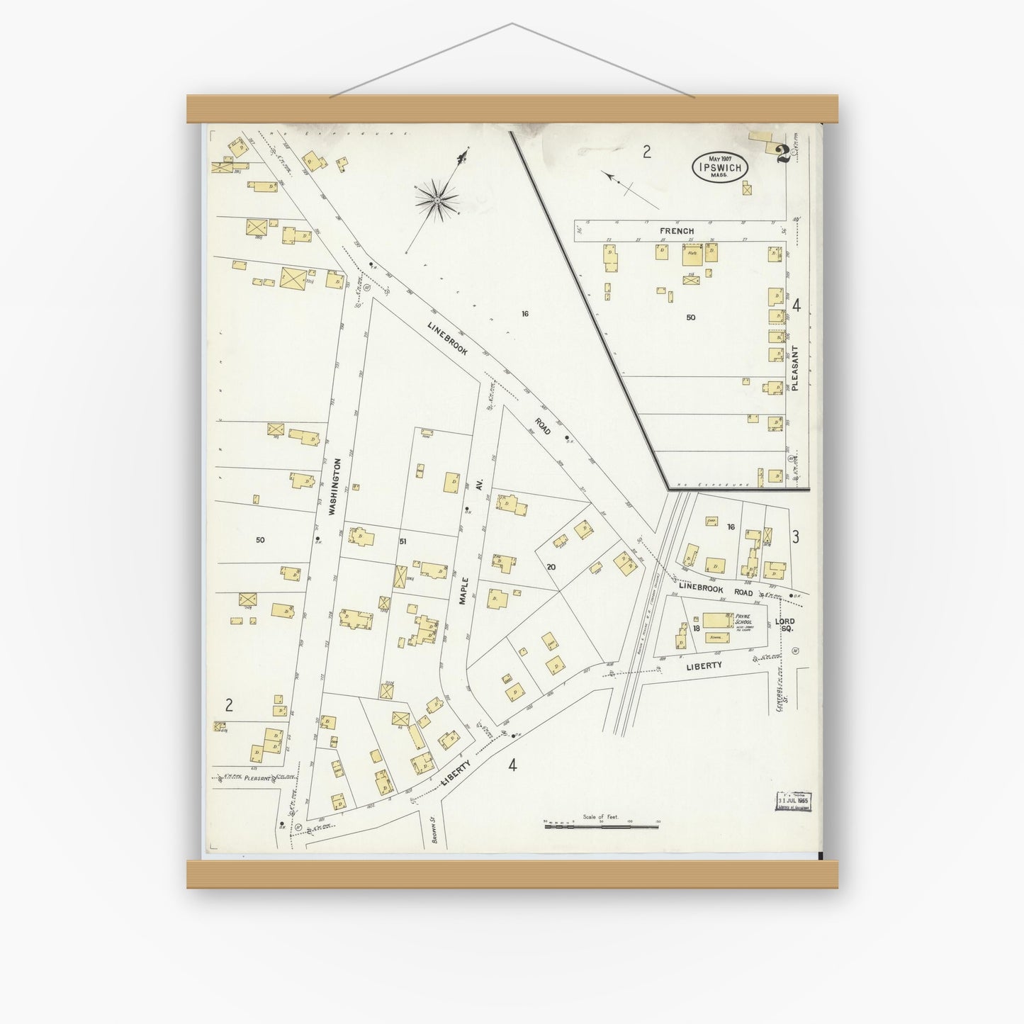 Old map wall art mockup — magnetic wood frame on white wall — Sanborn Fire Insurance Map from Ipswich, Essex County, Massachusetts (1907), Sheet #0002