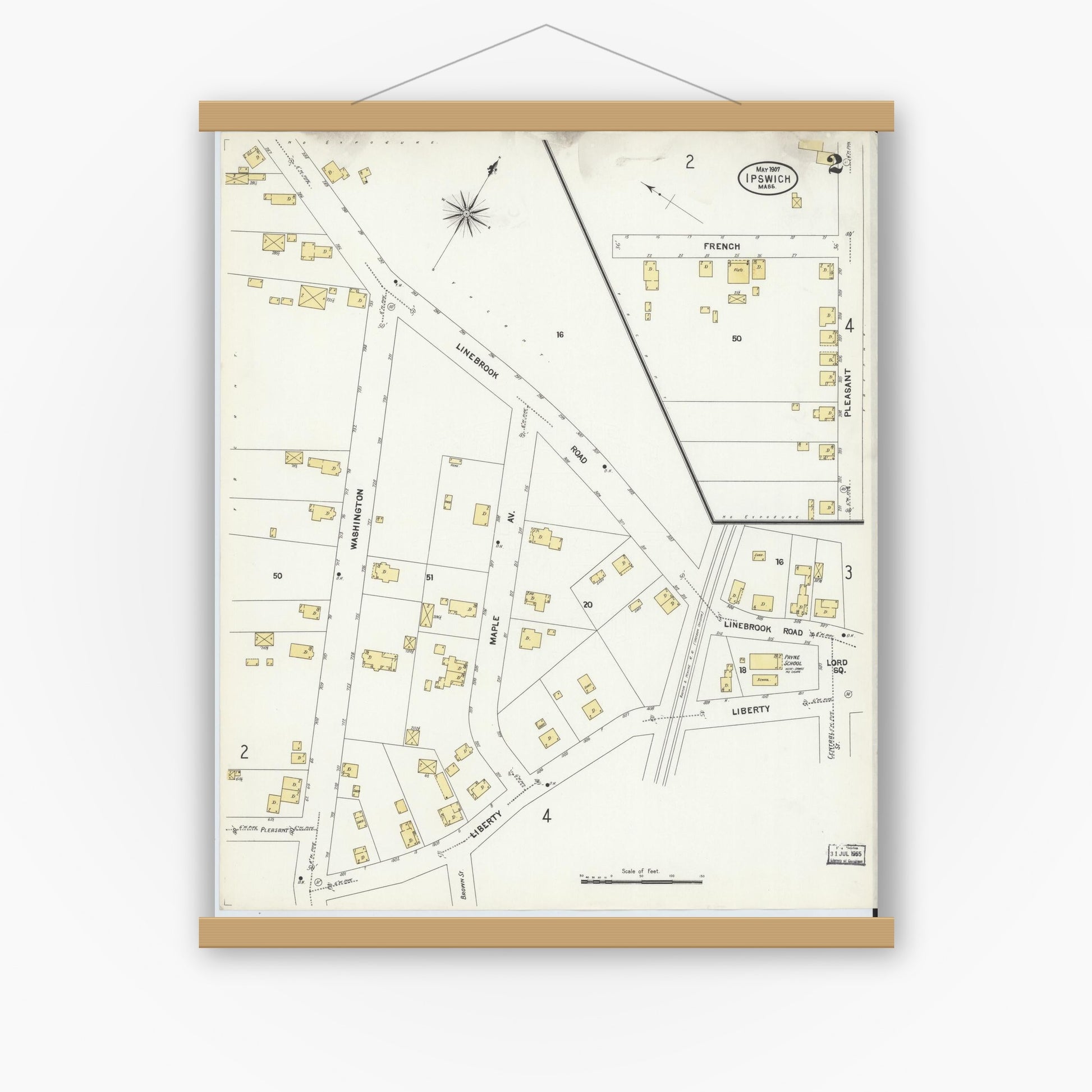 Old map wall art mockup — magnetic wood frame on white wall — Sanborn Fire Insurance Map from Ipswich, Essex County, Massachusetts (1907), Sheet #0002