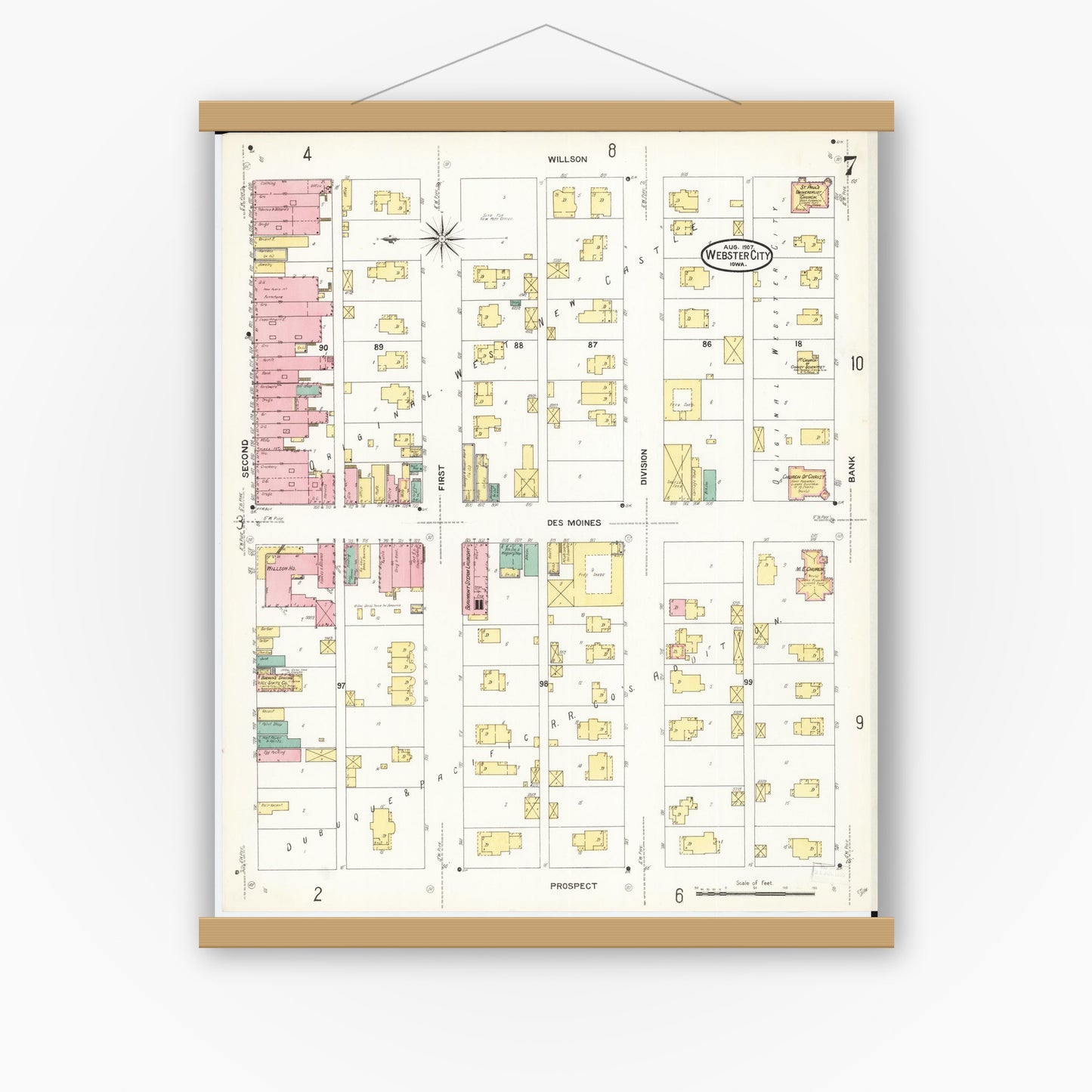 Old map wall art mockup — magnetic wood frame on white wall — Sanborn Fire Insurance Map from Webster City, Hamilton County, Iowa (1907), Sheet #0007