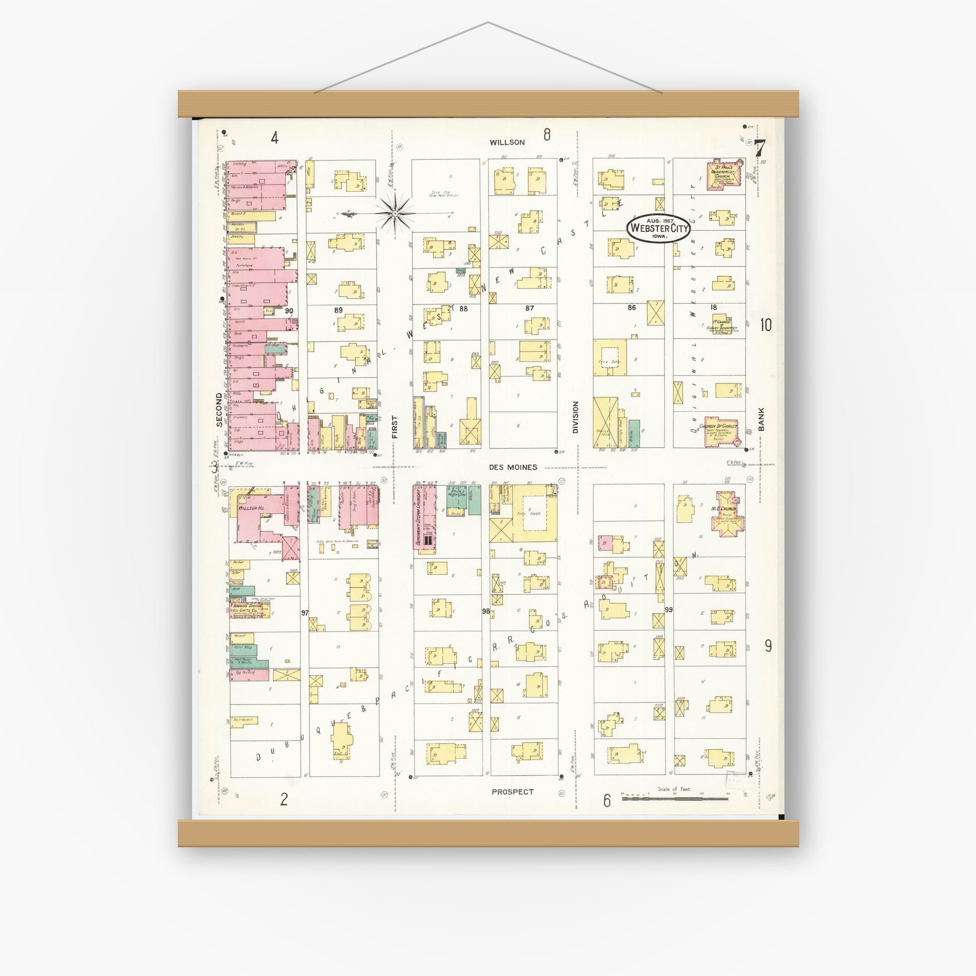 Old map wall art mockup — magnetic wood frame on white wall — Sanborn Fire Insurance Map from Webster City, Hamilton County, Iowa (1907), Sheet #0007