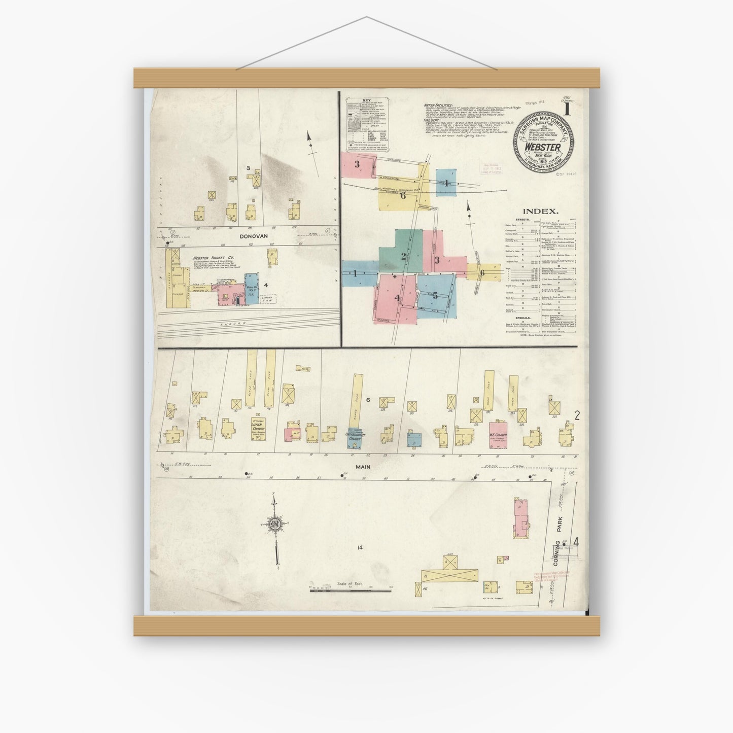 Old map wall art mockup — magnetic wood frame on white wall — Sanborn Fire Insurance Map from Webster, Monroe County, New York (1912) - Complete Map Set