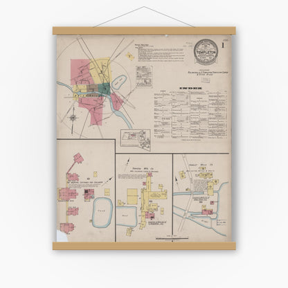 Old map wall art mockup — magnetic wood frame on white wall — Sanborn Fire Insurance Map from Templeton, Worcester County, Massachusetts (1922) - Complete Map Set