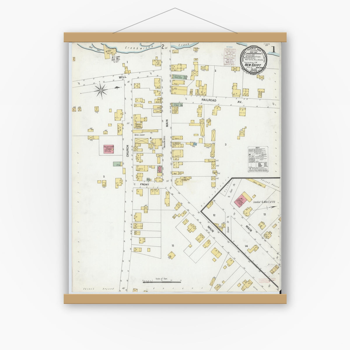 Old map wall art mockup — magnetic wood frame on white wall — Sanborn Fire Insurance Map from New Egypt, Ocean County, New Jersey (1900), Sheet #0001