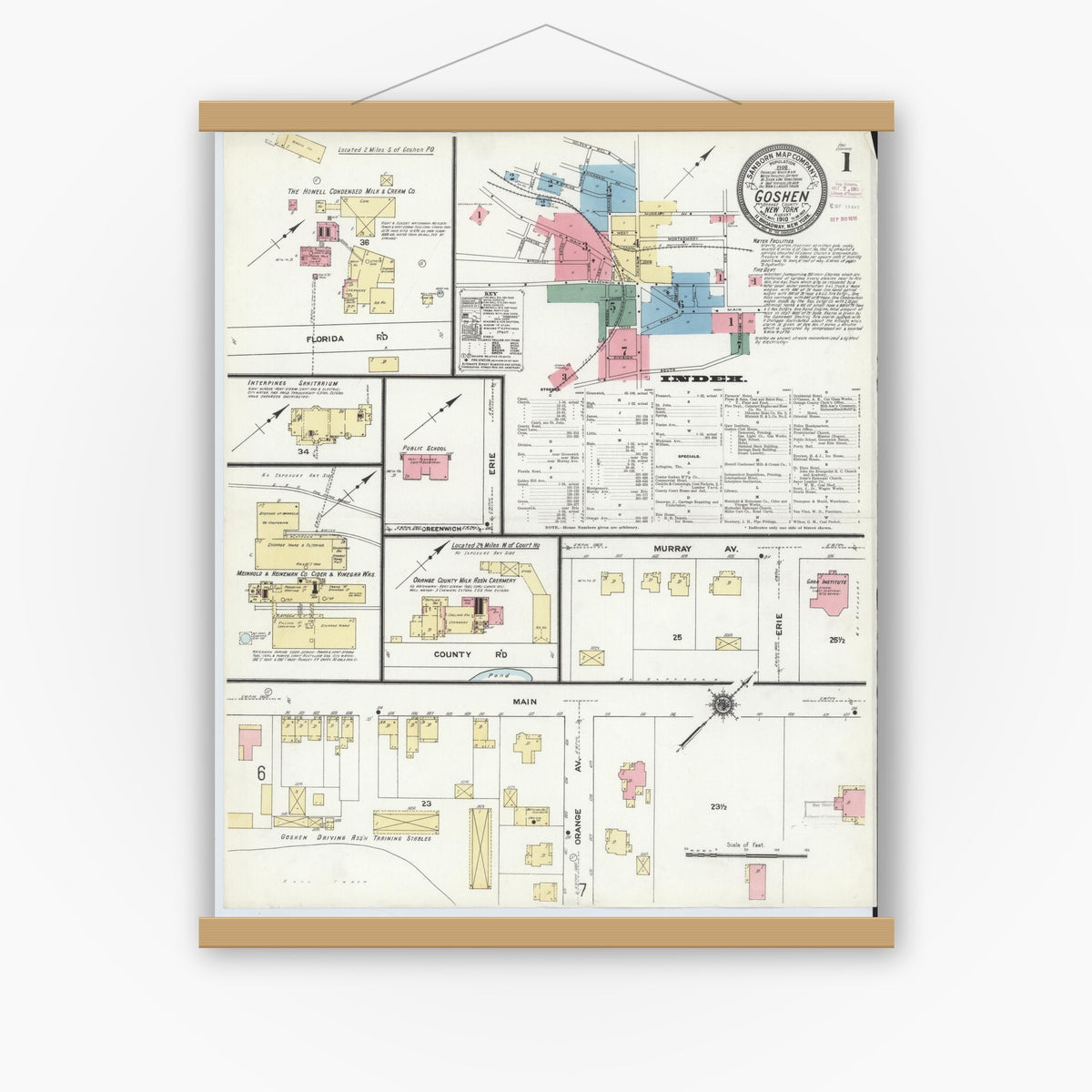 Old map wall art mockup — magnetic wood frame on white wall — Sanborn Fire Insurance Map from Goshen, Orange County, New York (1910) - Complete Map Set