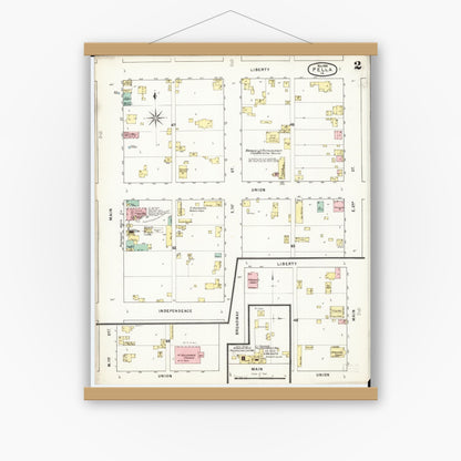 Old map wall art mockup — magnetic wood frame on white wall — Sanborn Fire Insurance Map from Pella, Marion County, Iowa (1895), Sheet #0002