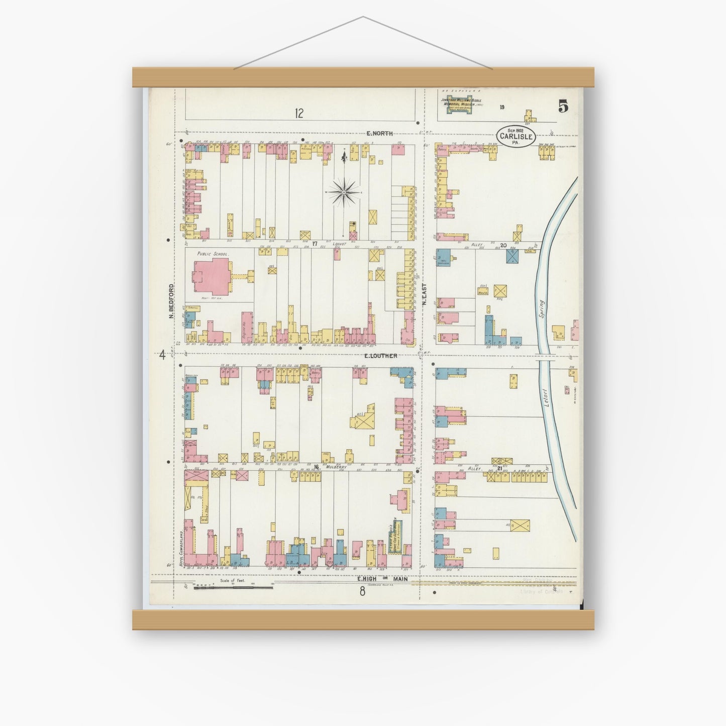 Old map wall art mockup — magnetic wood frame on white wall — Sanborn Fire Insurance Map from Carlisle, Cumberland County, Pennsylvania (1902), Sheet #0005