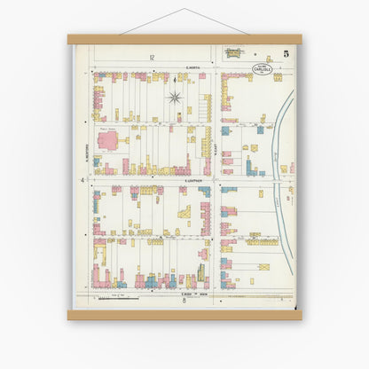 Old map wall art mockup — magnetic wood frame on white wall — Sanborn Fire Insurance Map from Carlisle, Cumberland County, Pennsylvania (1902), Sheet #0005