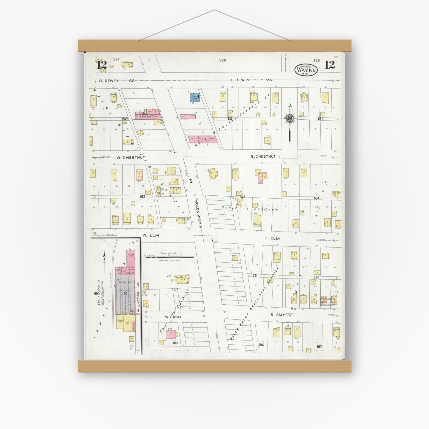 Old map wall art mockup — magnetic wood frame on white wall — Sanborn Fire Insurance Map from Wayne, Wayne County, Michigan (1926), Sheet #0012