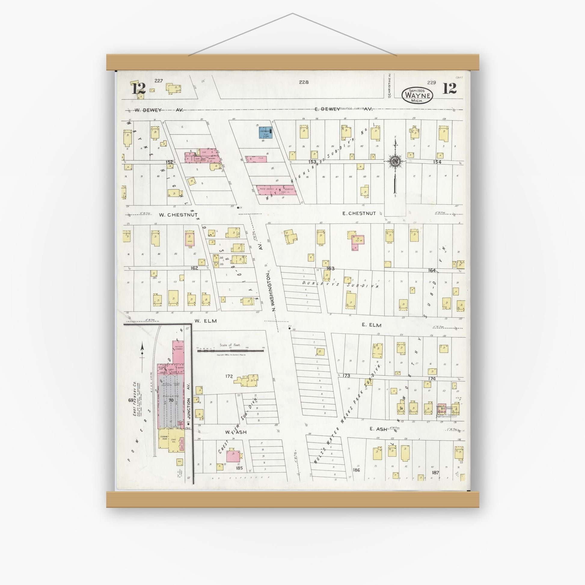 Old map wall art mockup — magnetic wood frame on white wall — Sanborn Fire Insurance Map from Wayne, Wayne County, Michigan (1926), Sheet #0012