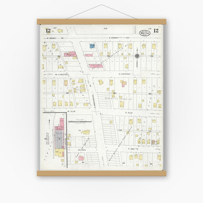 Old map wall art mockup — magnetic wood frame on white wall — Sanborn Fire Insurance Map from Wayne, Wayne County, Michigan (1926), Sheet #0012