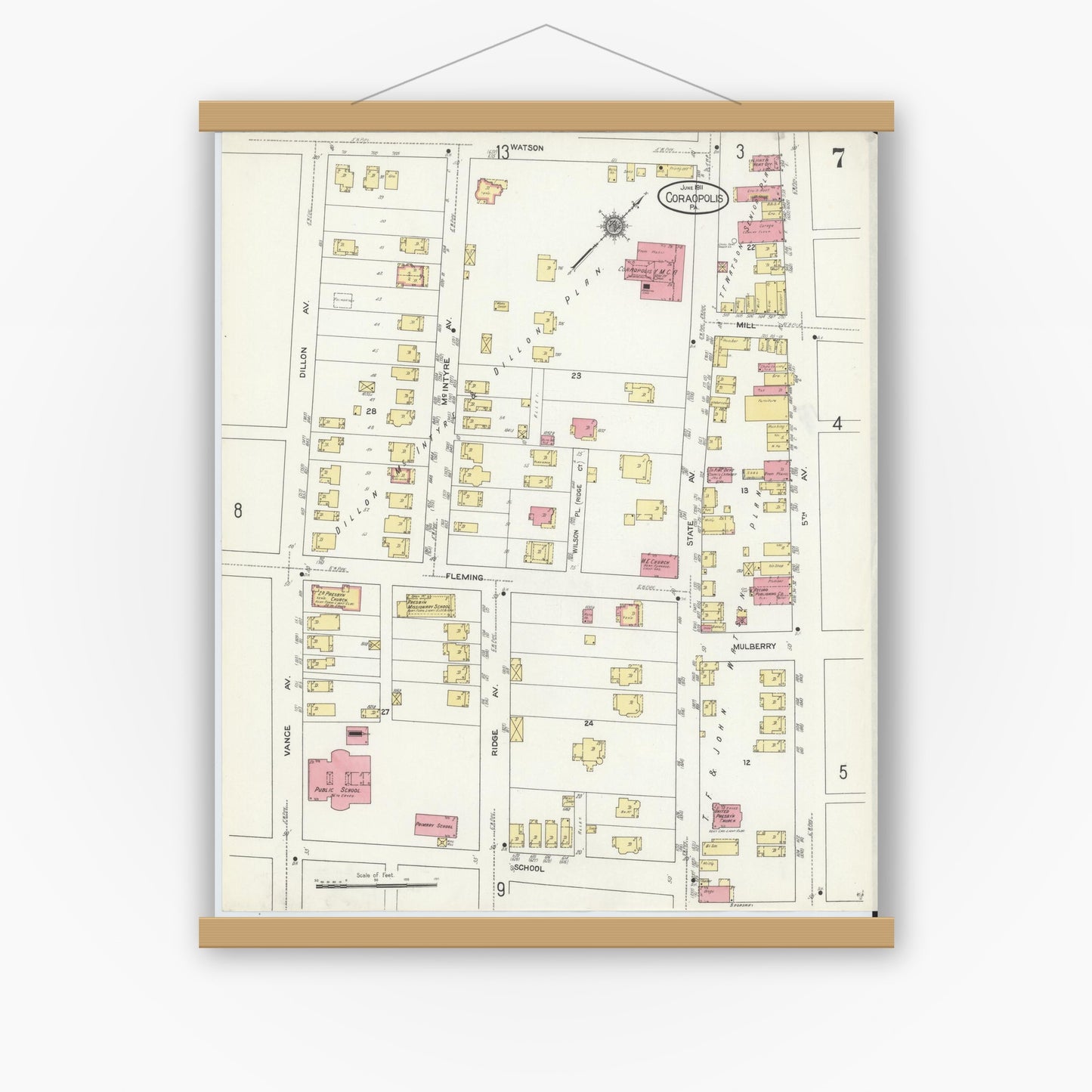 Old map wall art mockup — magnetic wood frame on white wall — Sanborn Fire Insurance Map from Coraopolis, Allegheny County, Pennsylvania (1911), Sheet #0007
