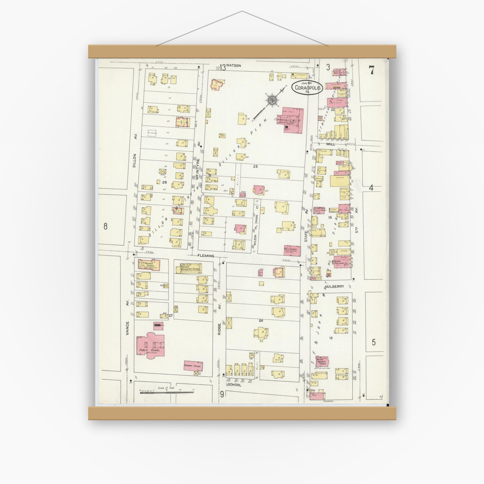 Old map wall art mockup — magnetic wood frame on white wall — Sanborn Fire Insurance Map from Coraopolis, Allegheny County, Pennsylvania (1911), Sheet #0007