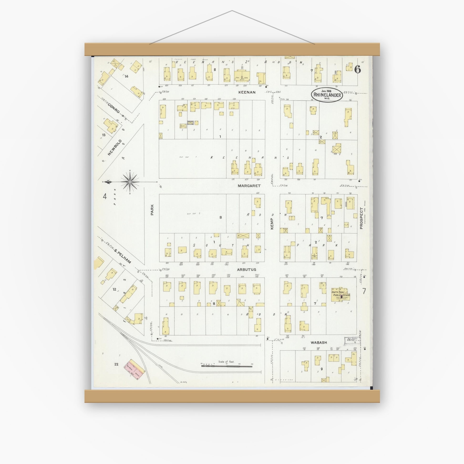 Old map wall art mockup — magnetic wood frame on white wall — Sanborn Fire Insurance Map from Rhinelander, Oneida County, Wisconsin (1908), Sheet #0006