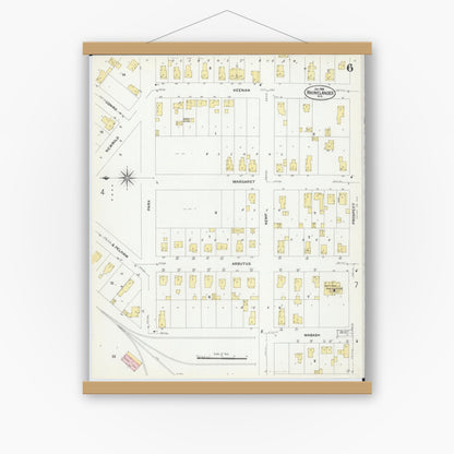 Old map wall art mockup — magnetic wood frame on white wall — Sanborn Fire Insurance Map from Rhinelander, Oneida County, Wisconsin (1908), Sheet #0006