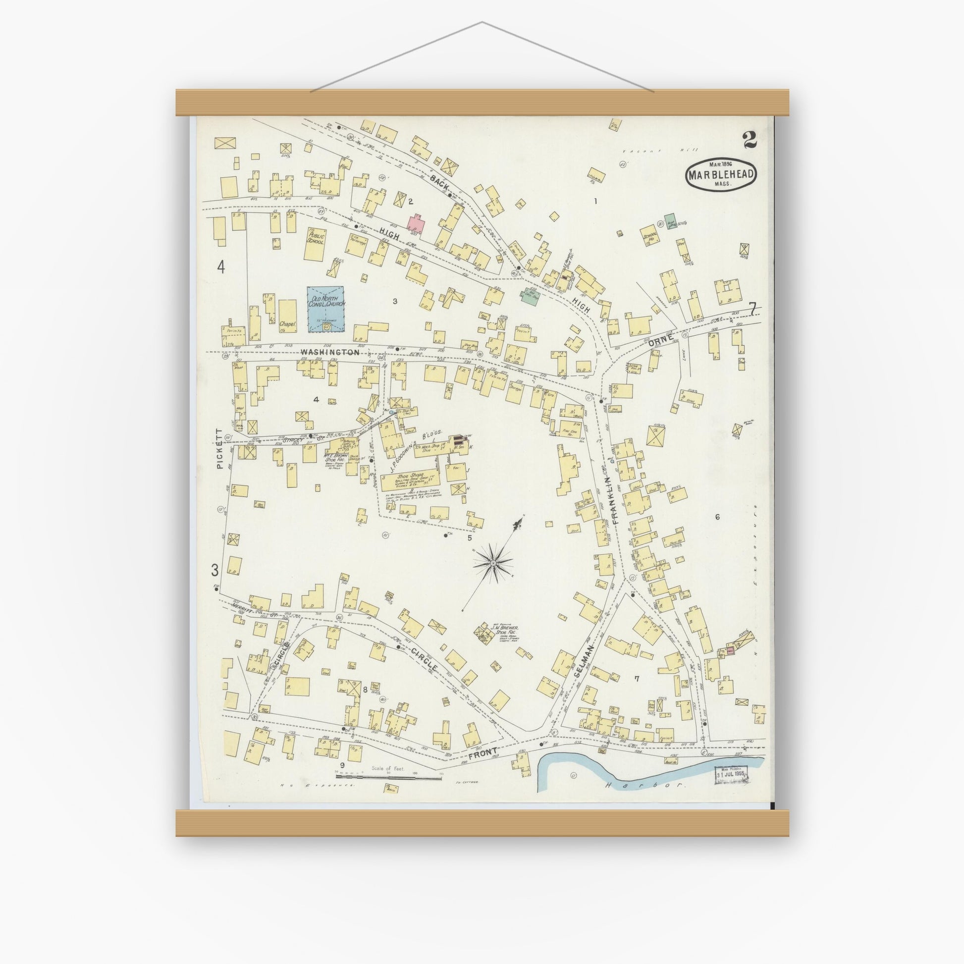 Old map wall art mockup — magnetic wood frame on white wall — Sanborn Fire Insurance Map from Marblehead, Essex County, Massachusetts (1896), Sheet #0002