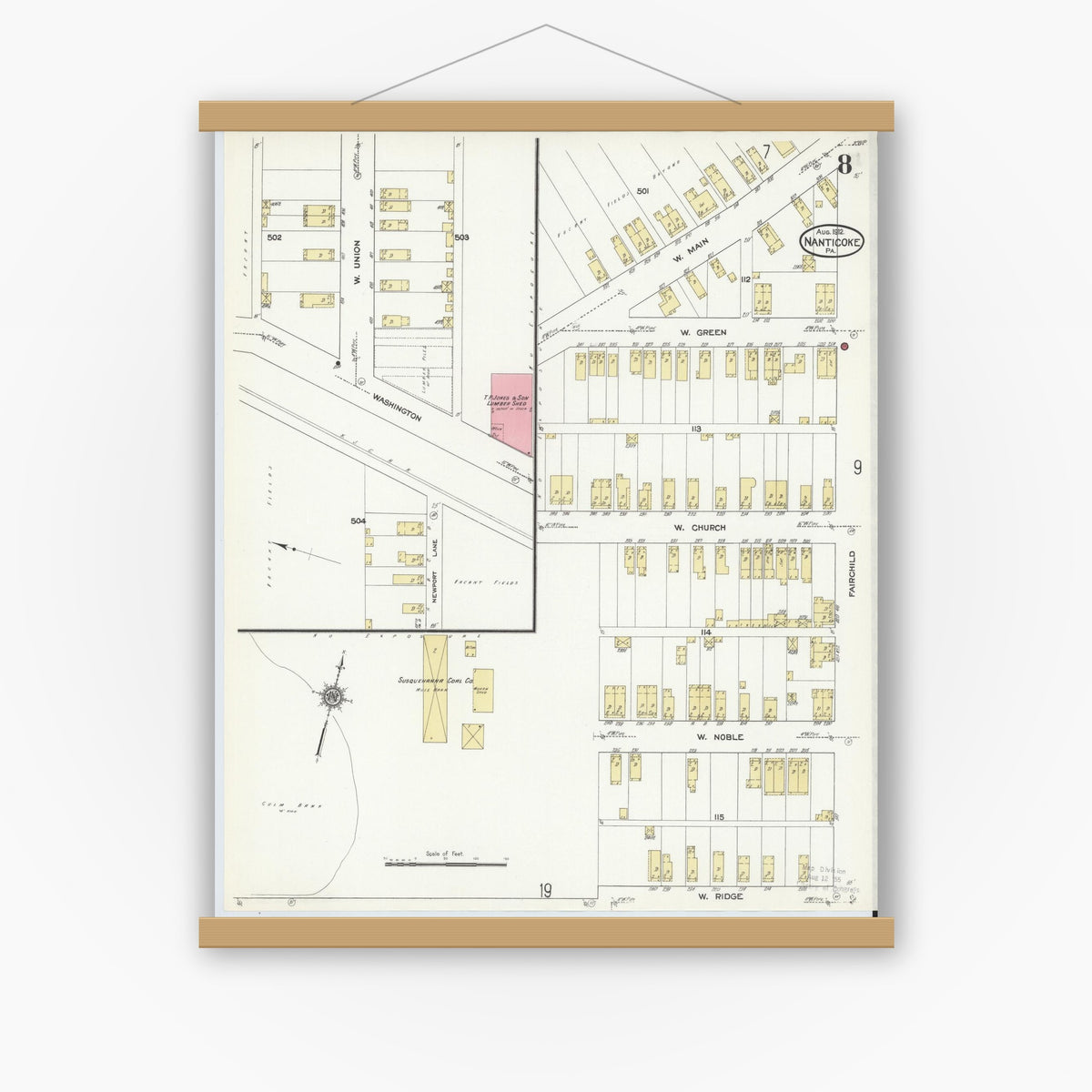 Old map wall art mockup — magnetic wood frame on white wall — Sanborn Fire Insurance Map from Nanticoke, Luzerne County, Pennsylvania (1912), Sheet #0008