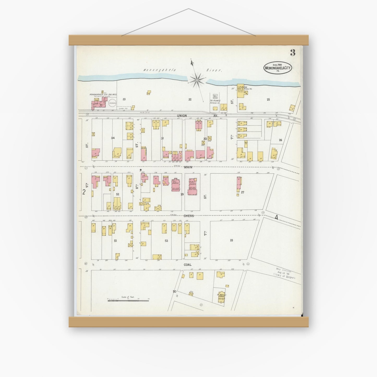 Old map wall art mockup — magnetic wood frame on white wall — Sanborn Fire Insurance Map from Monongahela City, Washington County, Pennsylvania (1900), Sheet #0003