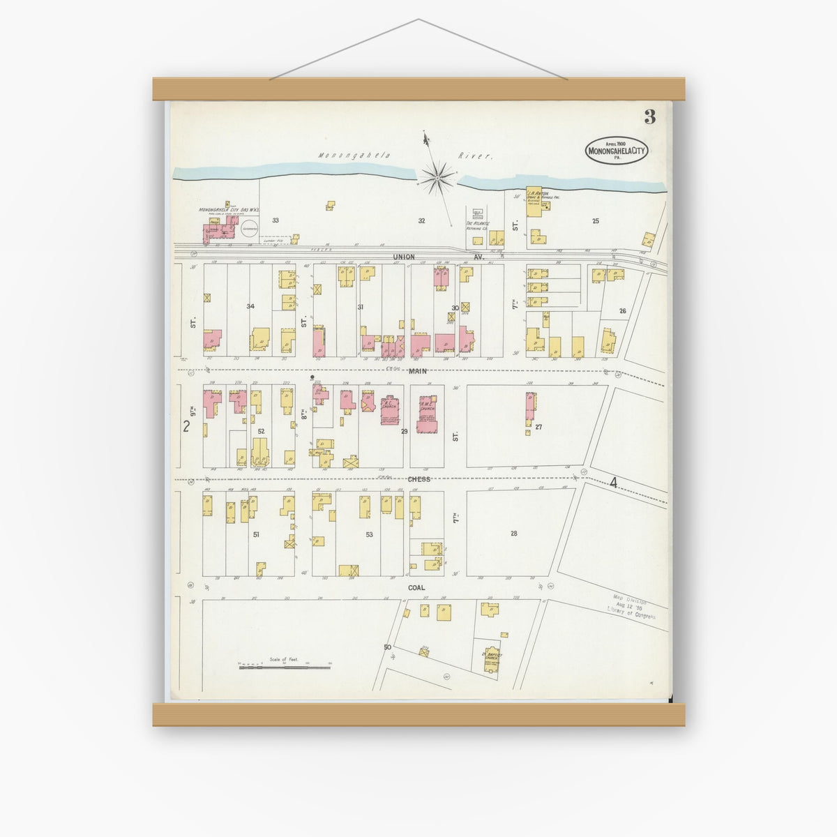 Old map wall art mockup — magnetic wood frame on white wall — Sanborn Fire Insurance Map from Monongahela City, Washington County, Pennsylvania (1900), Sheet #0003