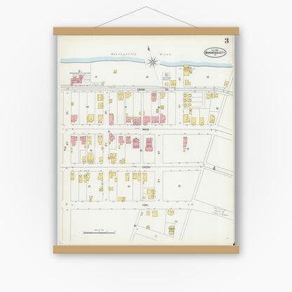 Old map wall art mockup — magnetic wood frame on white wall — Sanborn Fire Insurance Map from Monongahela City, Washington County, Pennsylvania (1900), Sheet #0003