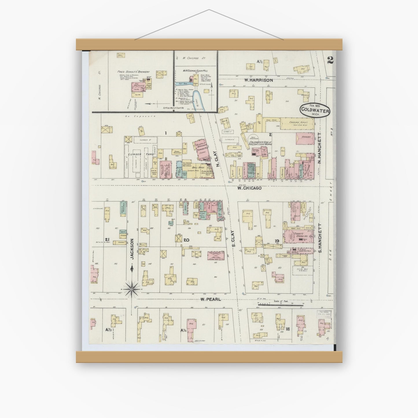 Old map wall art mockup — magnetic wood frame on white wall — Sanborn Fire Insurance Map from Coldwater, Branch County, Michigan (1891), Sheet #0002