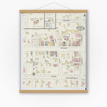 Old map wall art mockup — magnetic wood frame on white wall — Sanborn Fire Insurance Map from Coldwater, Branch County, Michigan (1891), Sheet #0002