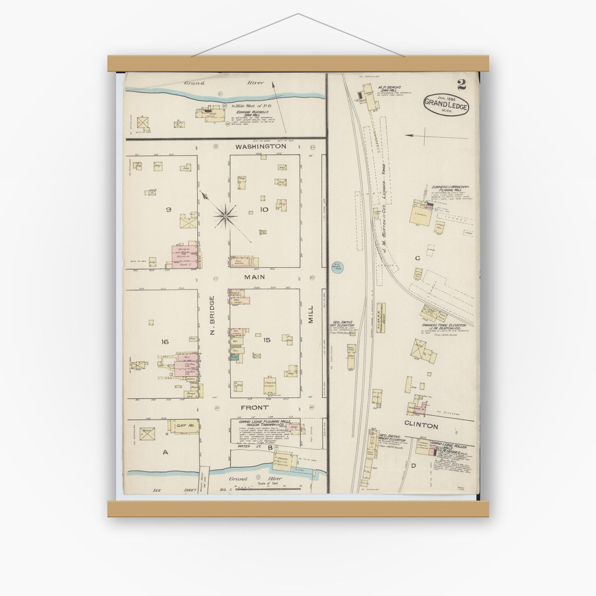 Old map wall art mockup — magnetic wood frame on white wall — Sanborn Fire Insurance Map from Grand Ledge, Eaton County, Michigan (1886), Sheet #0002