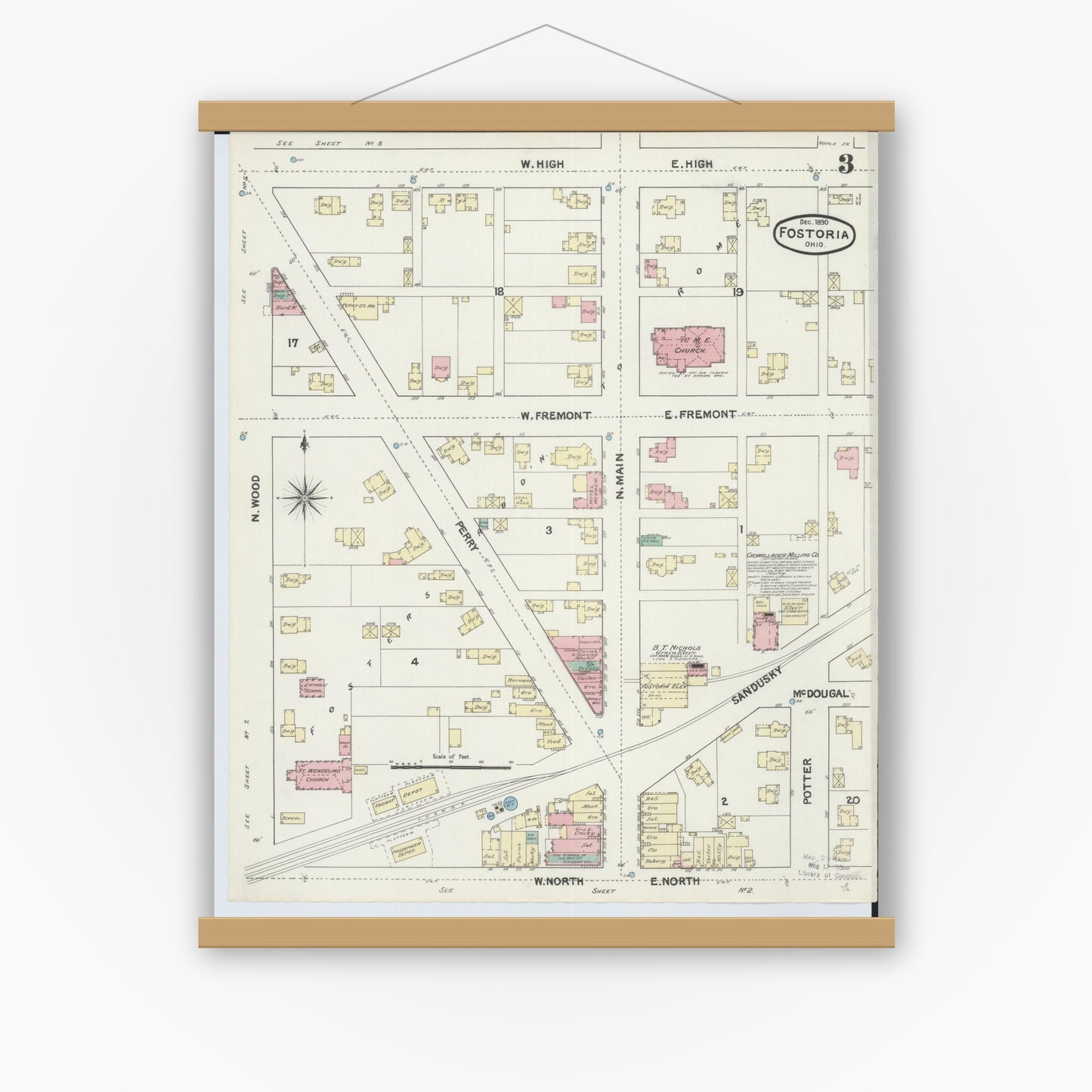 Old map wall art mockup — magnetic wood frame on white wall — Sanborn Fire Insurance Map from Fostoria, Seneca, Hancock, And Wood Counties, Ohio (1891), Sheet #0003