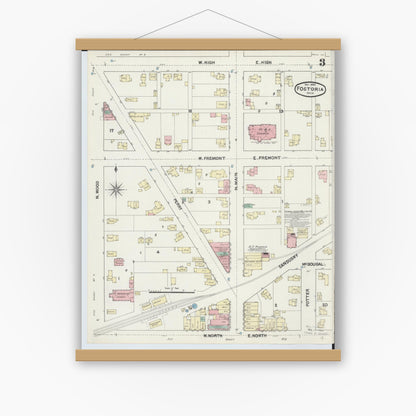 Old map wall art mockup — magnetic wood frame on white wall — Sanborn Fire Insurance Map from Fostoria, Seneca, Hancock, And Wood Counties, Ohio (1891), Sheet #0003