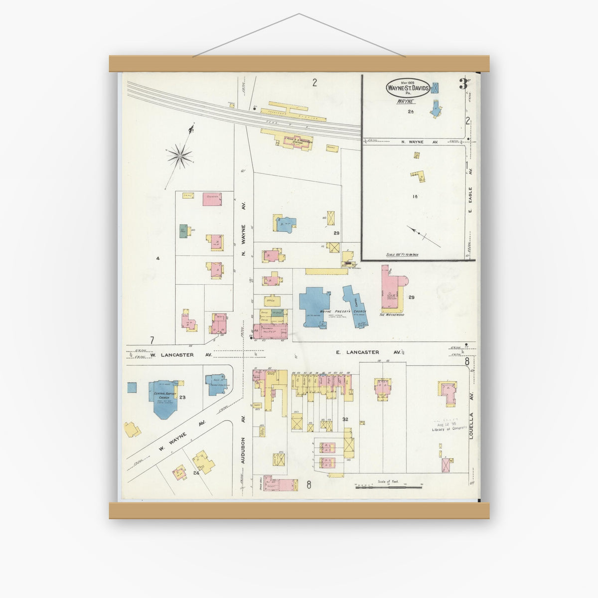 Old map wall art mockup — magnetic wood frame on white wall — Sanborn Fire Insurance Map from Wayne, Delaware County, Pennsylvania (1909), Sheet #0003