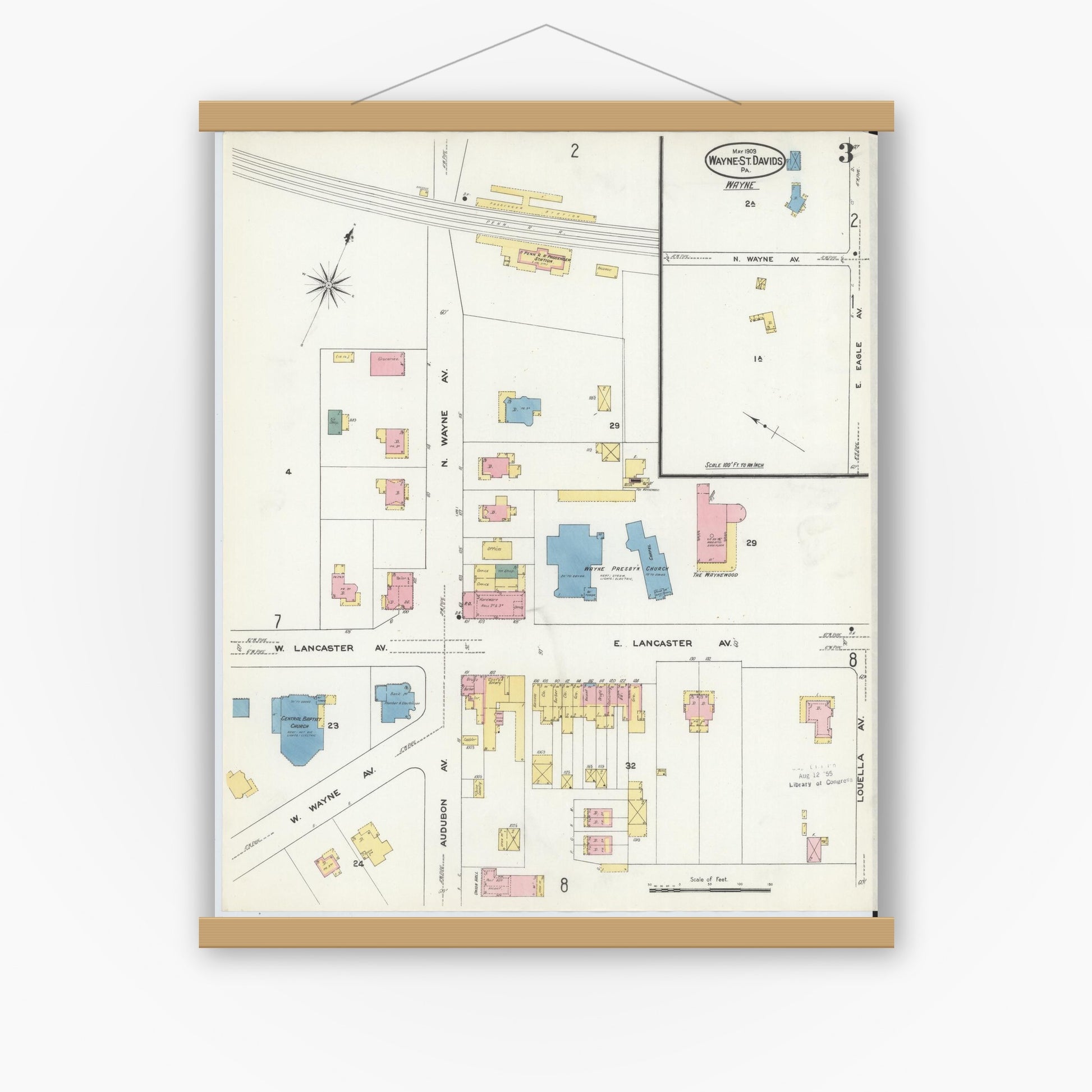 Old map wall art mockup — magnetic wood frame on white wall — Sanborn Fire Insurance Map from Wayne, Delaware County, Pennsylvania (1909), Sheet #0003