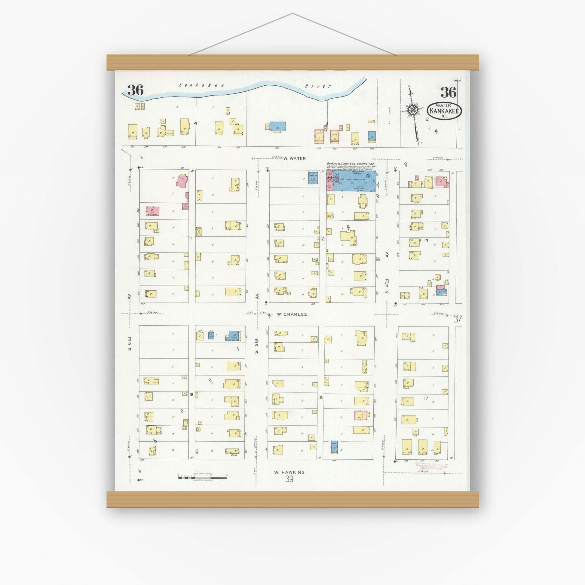 Old map wall art mockup — magnetic wood frame on white wall — Sanborn Fire Insurance Map from Kankakee, Kankakee County, Illinois (1930), Sheet #0036