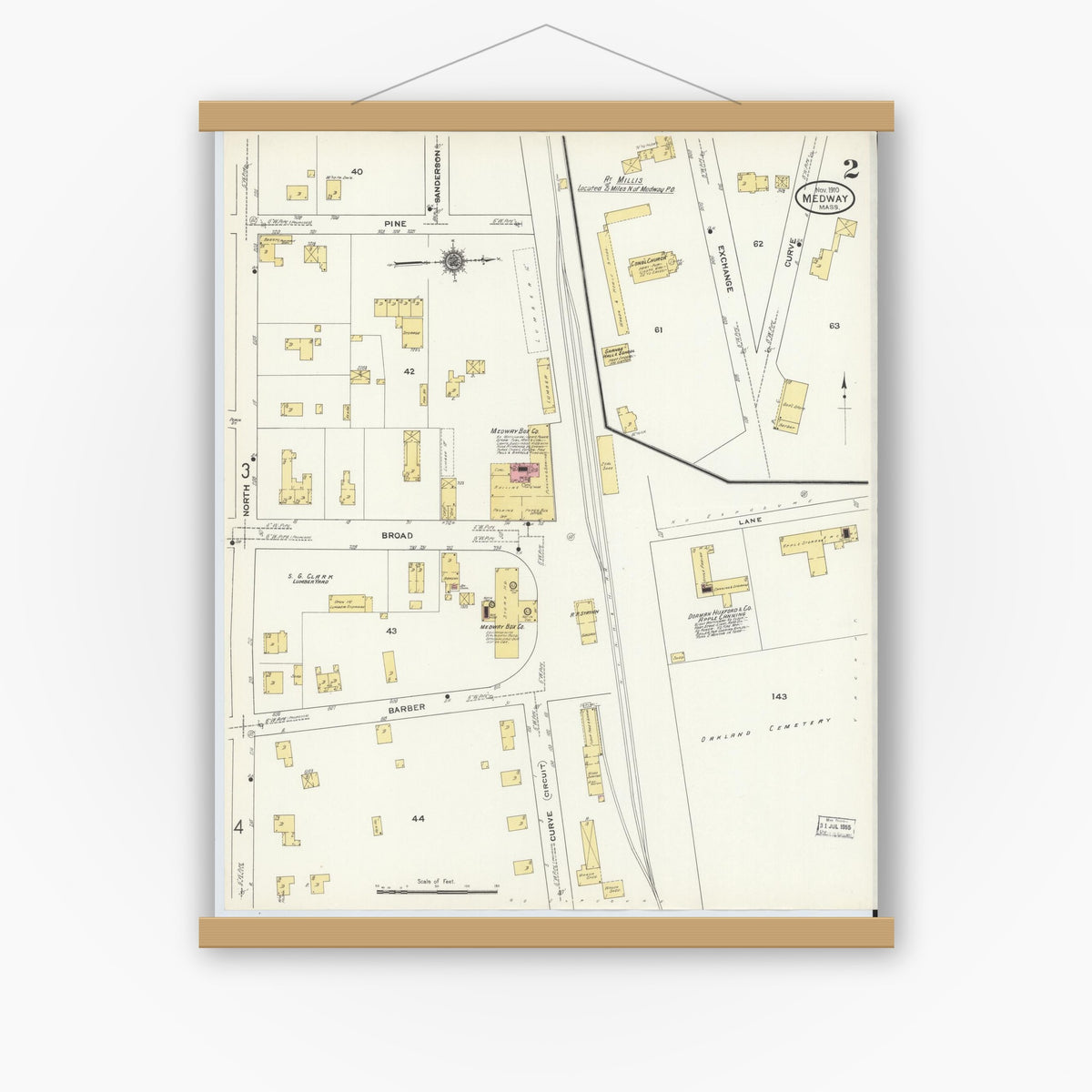 Old map wall art mockup — magnetic wood frame on white wall — Sanborn Fire Insurance Map from Medway, Norfolk County, Massachusetts (1910), Sheet #0002
