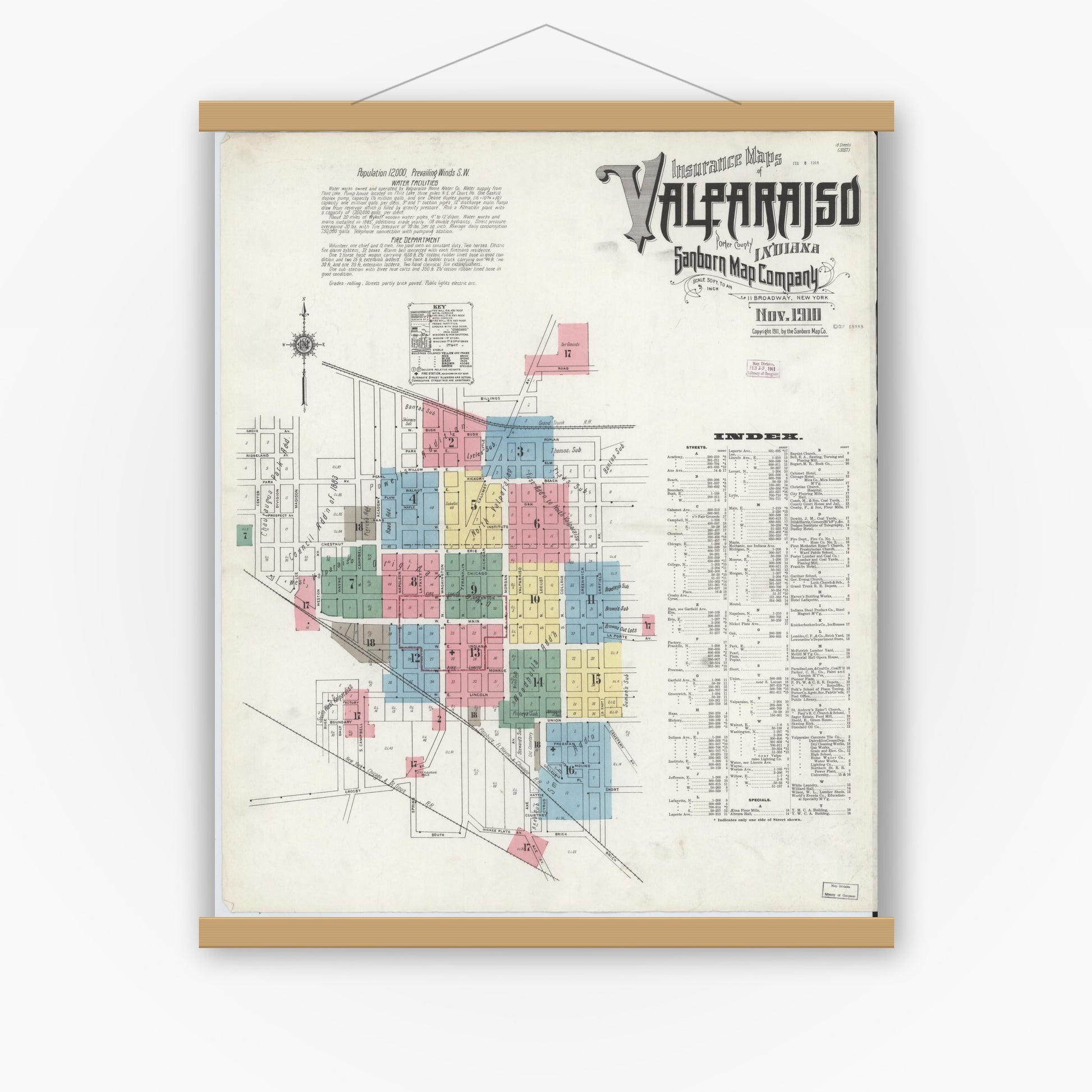 Old map wall art mockup — magnetic wood frame on white wall — Sanborn Fire Insurance Map from Valparaiso, Porter County, Indiana (1910) - Complete Map Set