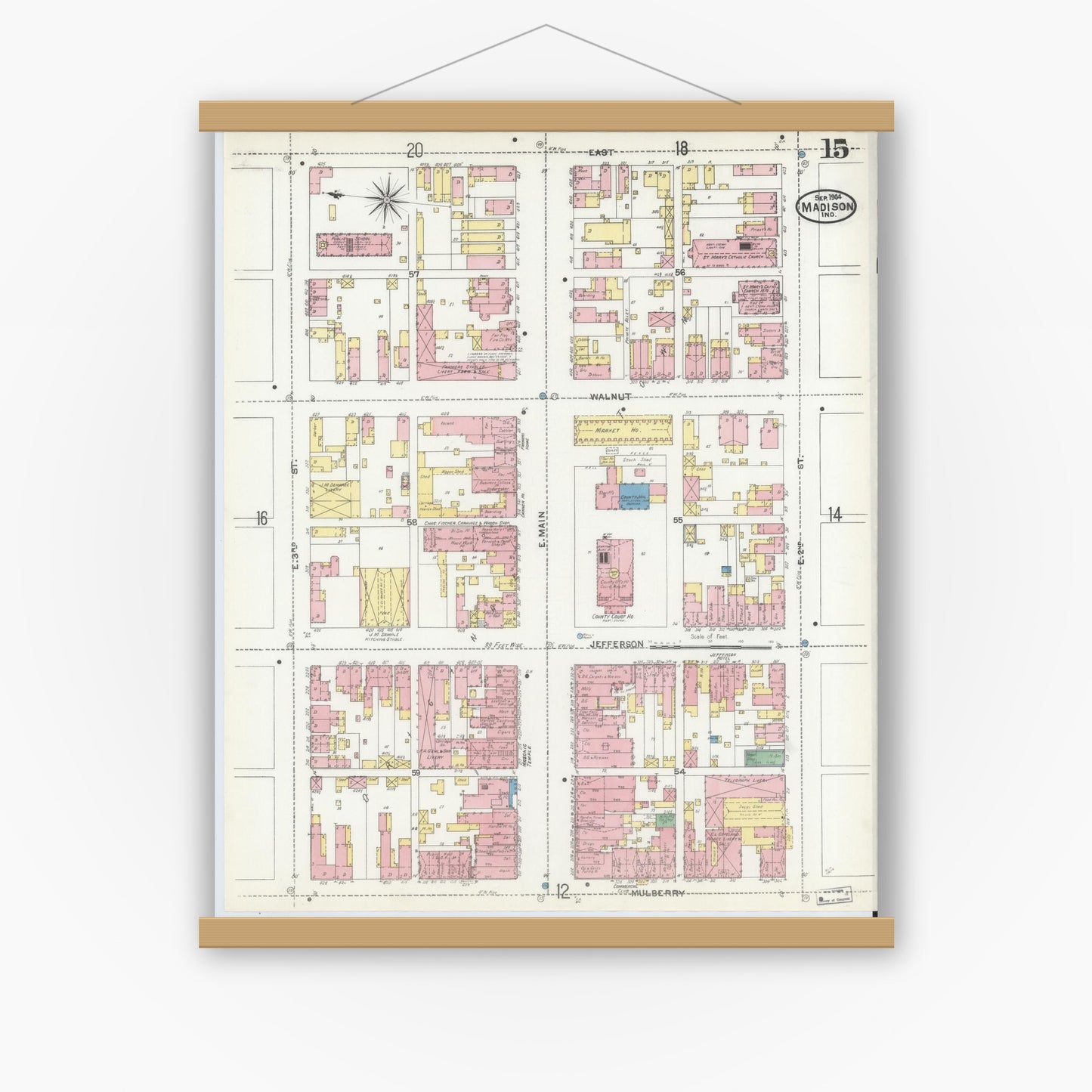 Old map wall art mockup — magnetic wood frame on white wall — Sanborn Fire Insurance Map from Madison, Jefferson County, Indiana (1904), Sheet #0015
