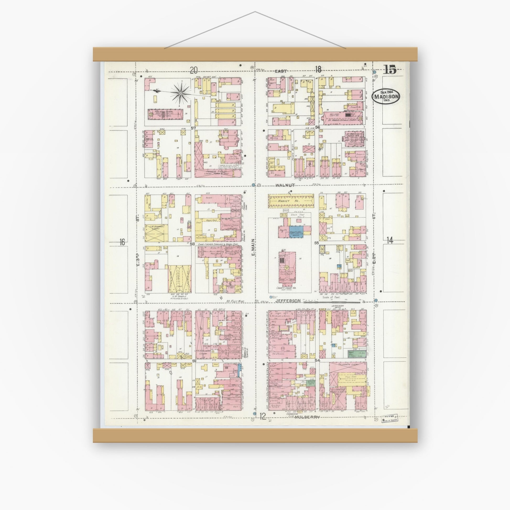 Old map wall art mockup — magnetic wood frame on white wall — Sanborn Fire Insurance Map from Madison, Jefferson County, Indiana (1904), Sheet #0015