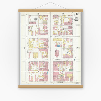 Old map wall art mockup — magnetic wood frame on white wall — Sanborn Fire Insurance Map from Madison, Jefferson County, Indiana (1904), Sheet #0015