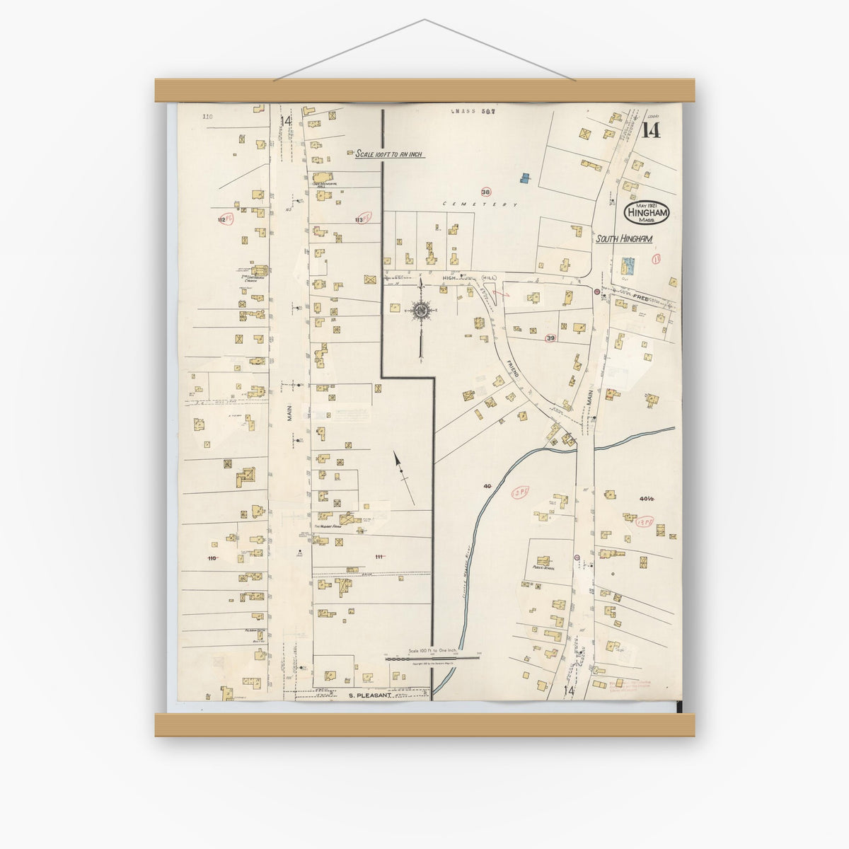 Old map wall art mockup — magnetic wood frame on white wall — Sanborn Fire Insurance Map from Hingham, Plymouth County, Massachusetts (1948), Sheet #0014