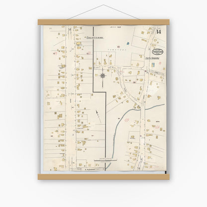 Old map wall art mockup — magnetic wood frame on white wall — Sanborn Fire Insurance Map from Hingham, Plymouth County, Massachusetts (1948), Sheet #0014