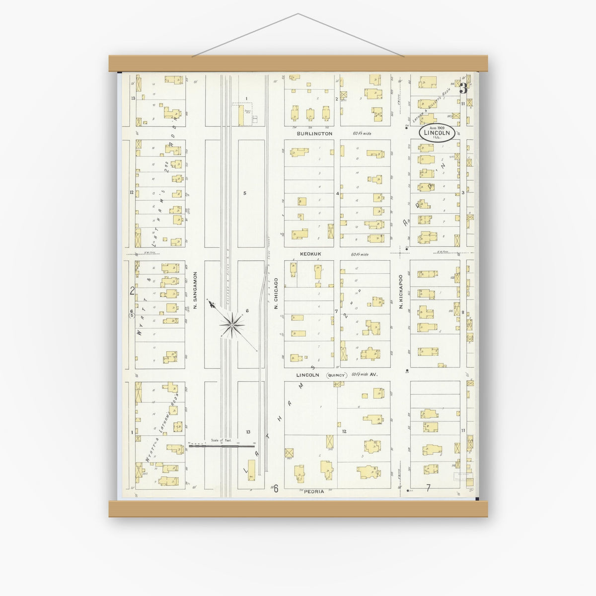 Old map wall art mockup — magnetic wood frame on white wall — Sanborn Fire Insurance Map from Lincoln, Logan County, Illinois (1909), Sheet #0003