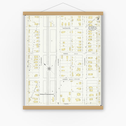 Old map wall art mockup — magnetic wood frame on white wall — Sanborn Fire Insurance Map from Lincoln, Logan County, Illinois (1909), Sheet #0003