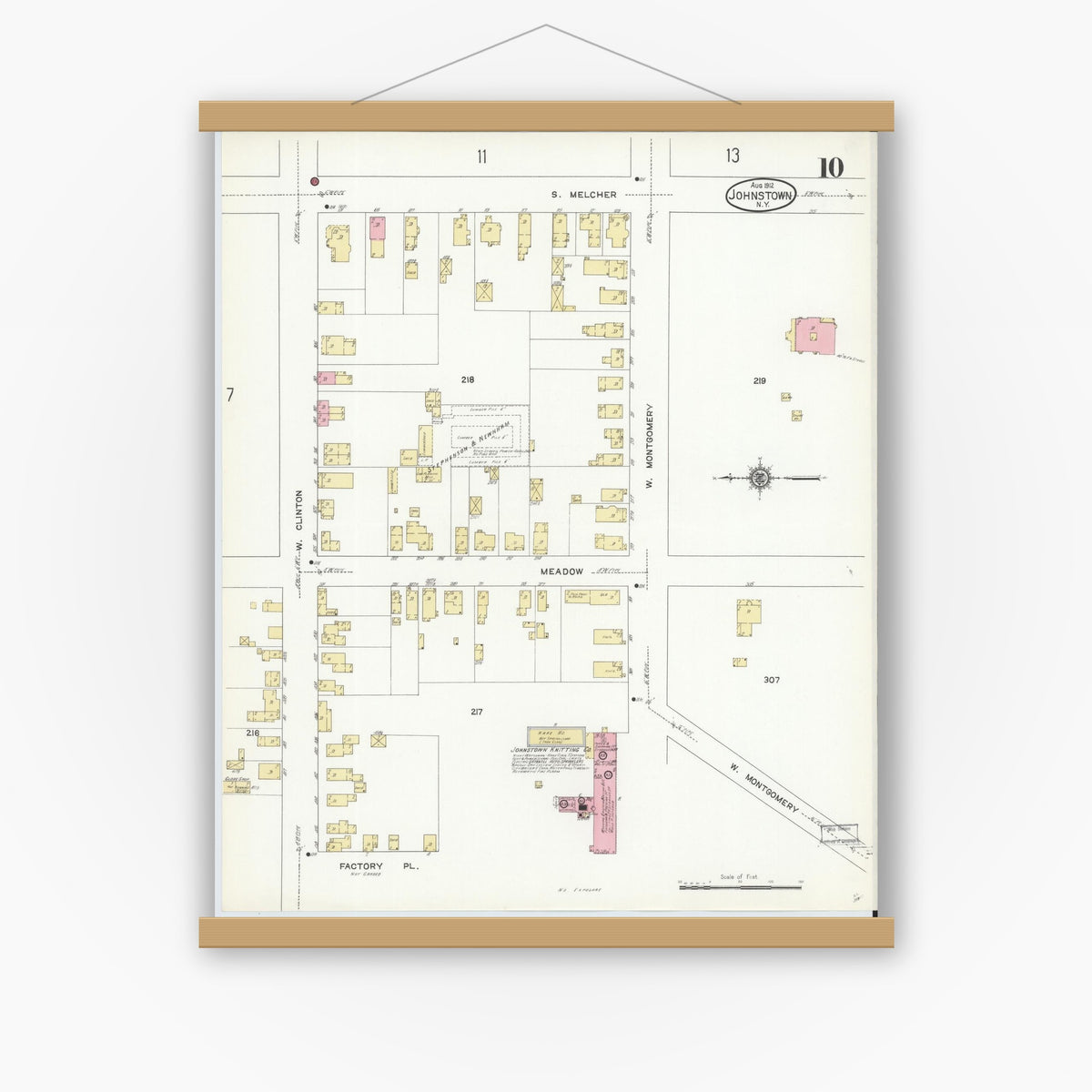 Old map wall art mockup — magnetic wood frame on white wall — Sanborn Fire Insurance Map from Johnstown, Fulton County, New York (1912), Sheet #0010