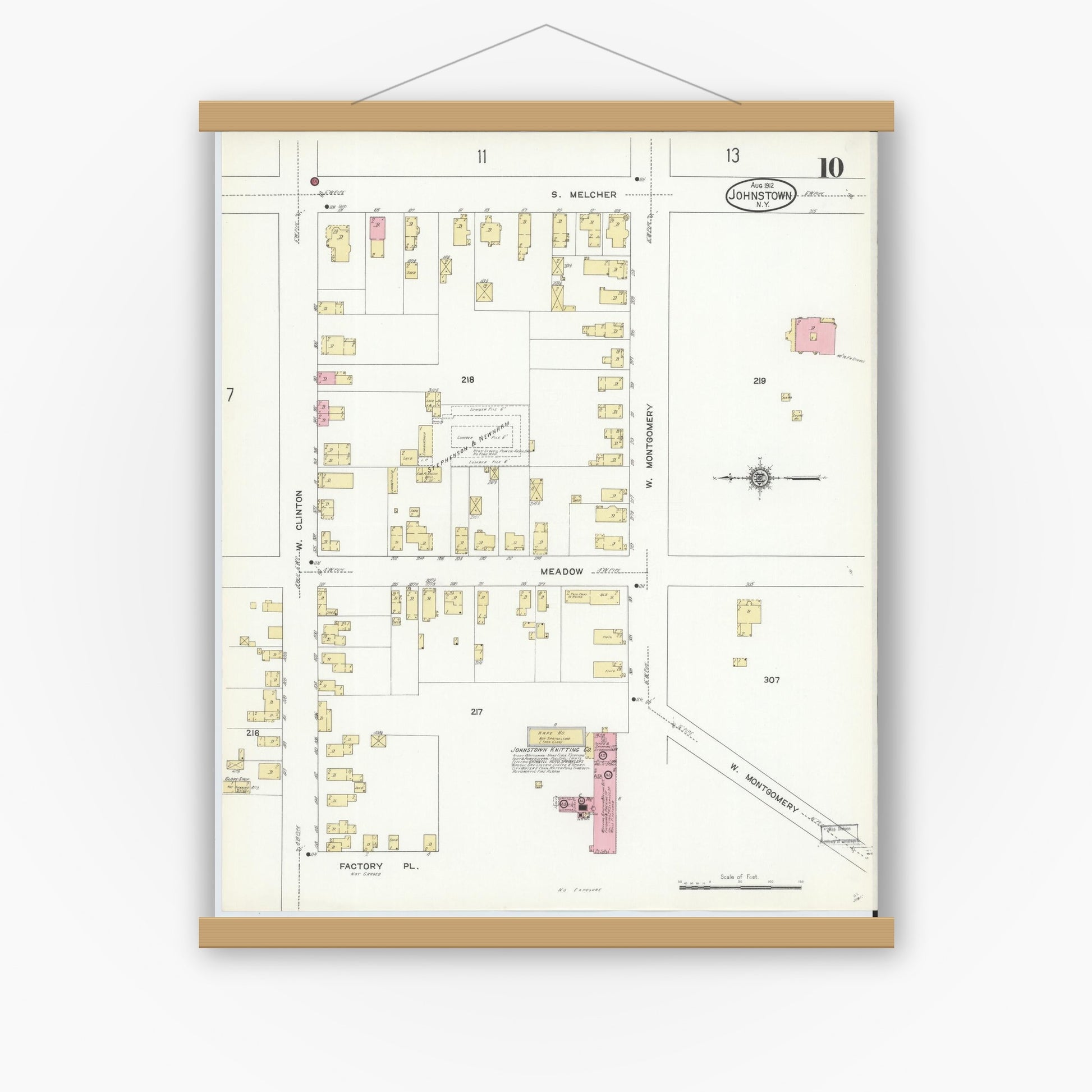 Old map wall art mockup — magnetic wood frame on white wall — Sanborn Fire Insurance Map from Johnstown, Fulton County, New York (1912), Sheet #0010